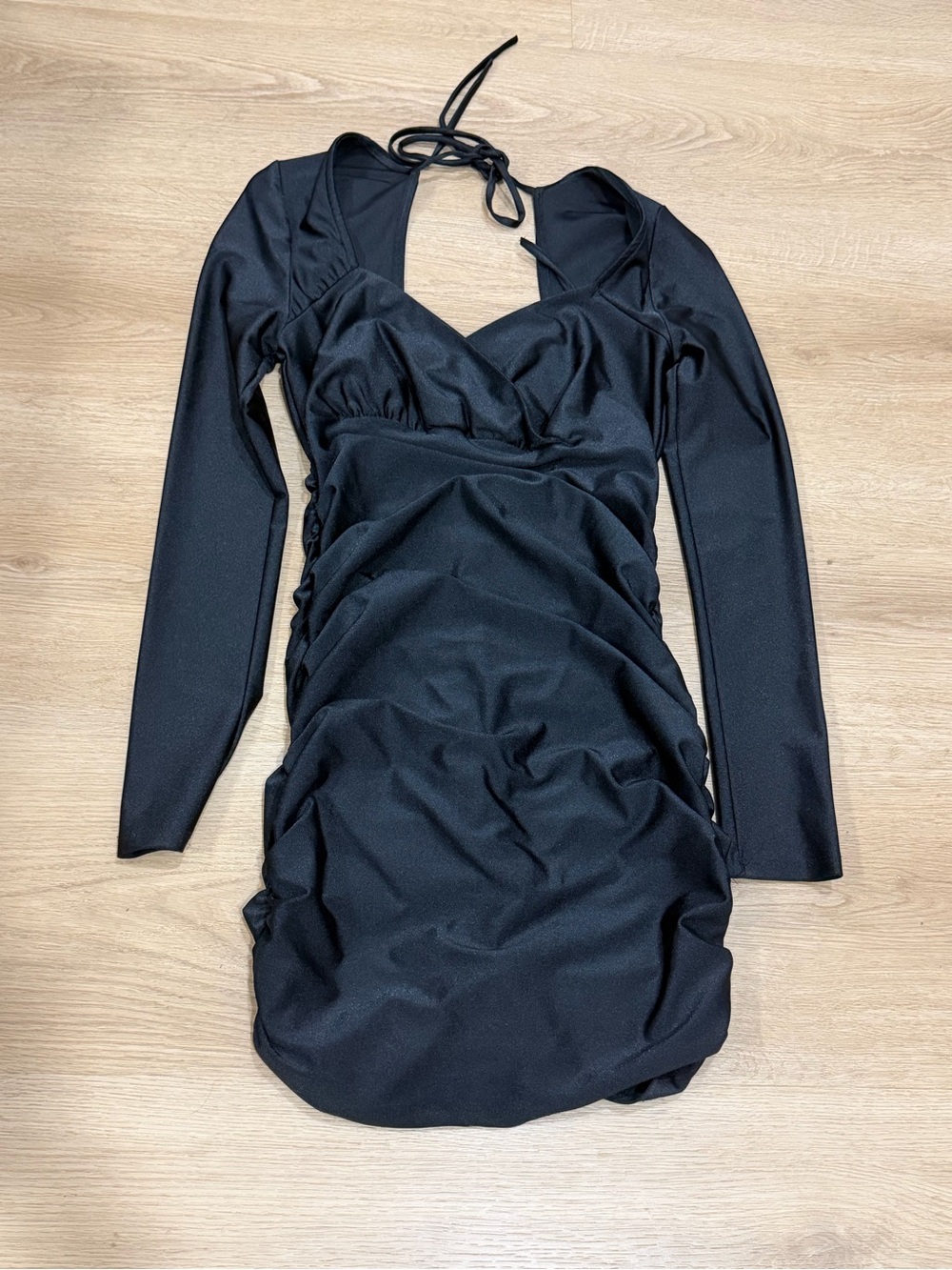 Black Long Sleeve Ruched V-Neck Bodycon Dress size Large